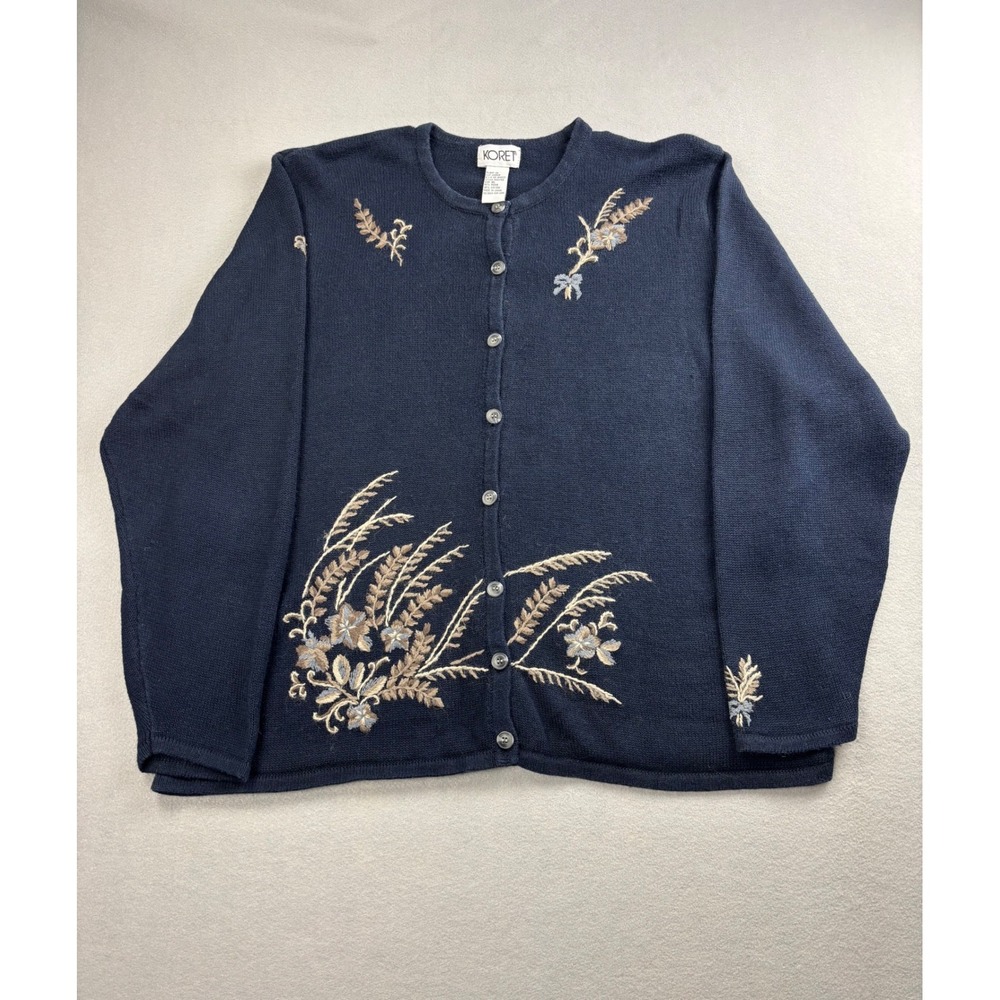 Vintage Koret Navy Blue Embroidered Floral Cardigan Sweater Women's XL Ramie